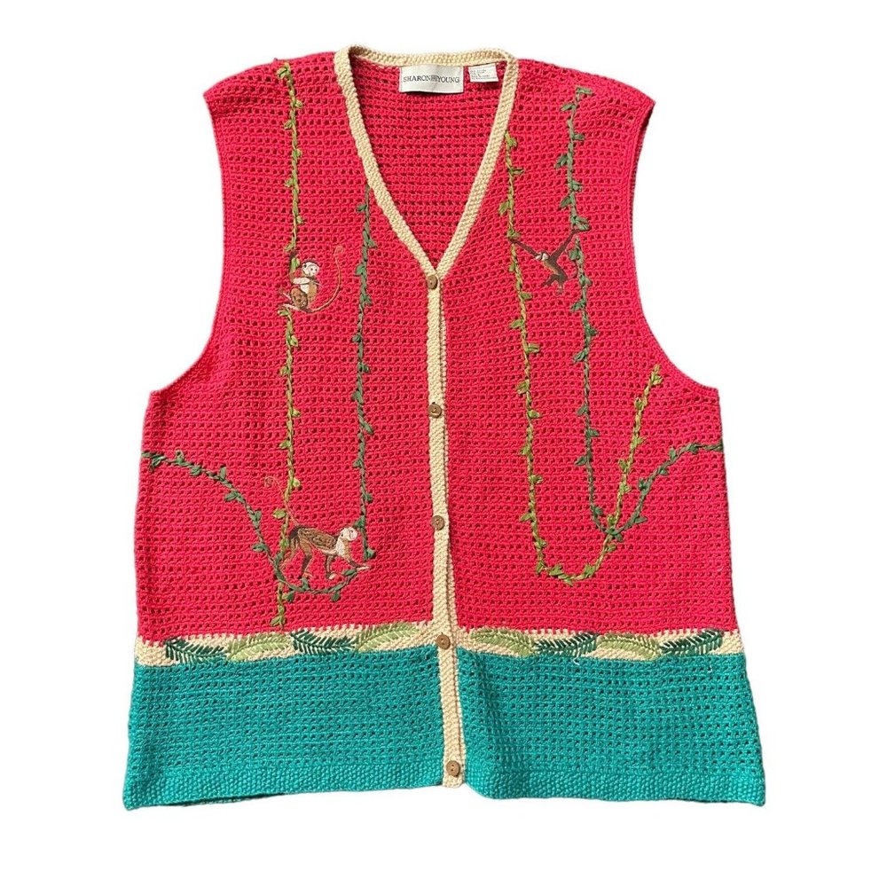 Sharon Young Kitschy Unique Funky Knit Sweater Vest With Embroidered Monkeys L